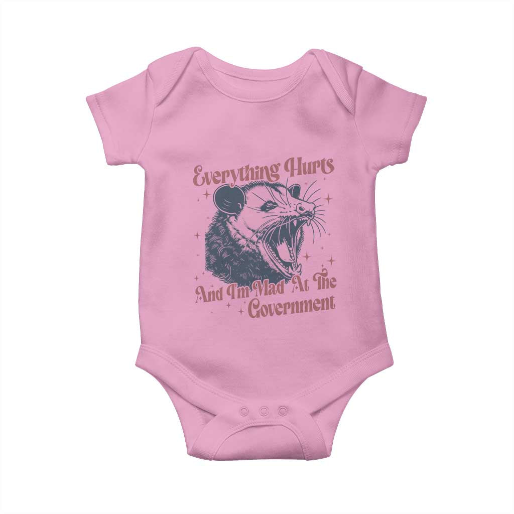 Everything Hurts And I Am Mad At The Government Baby Onesie Funny Burnout Possum TS11 Light Pink Print Your Wear