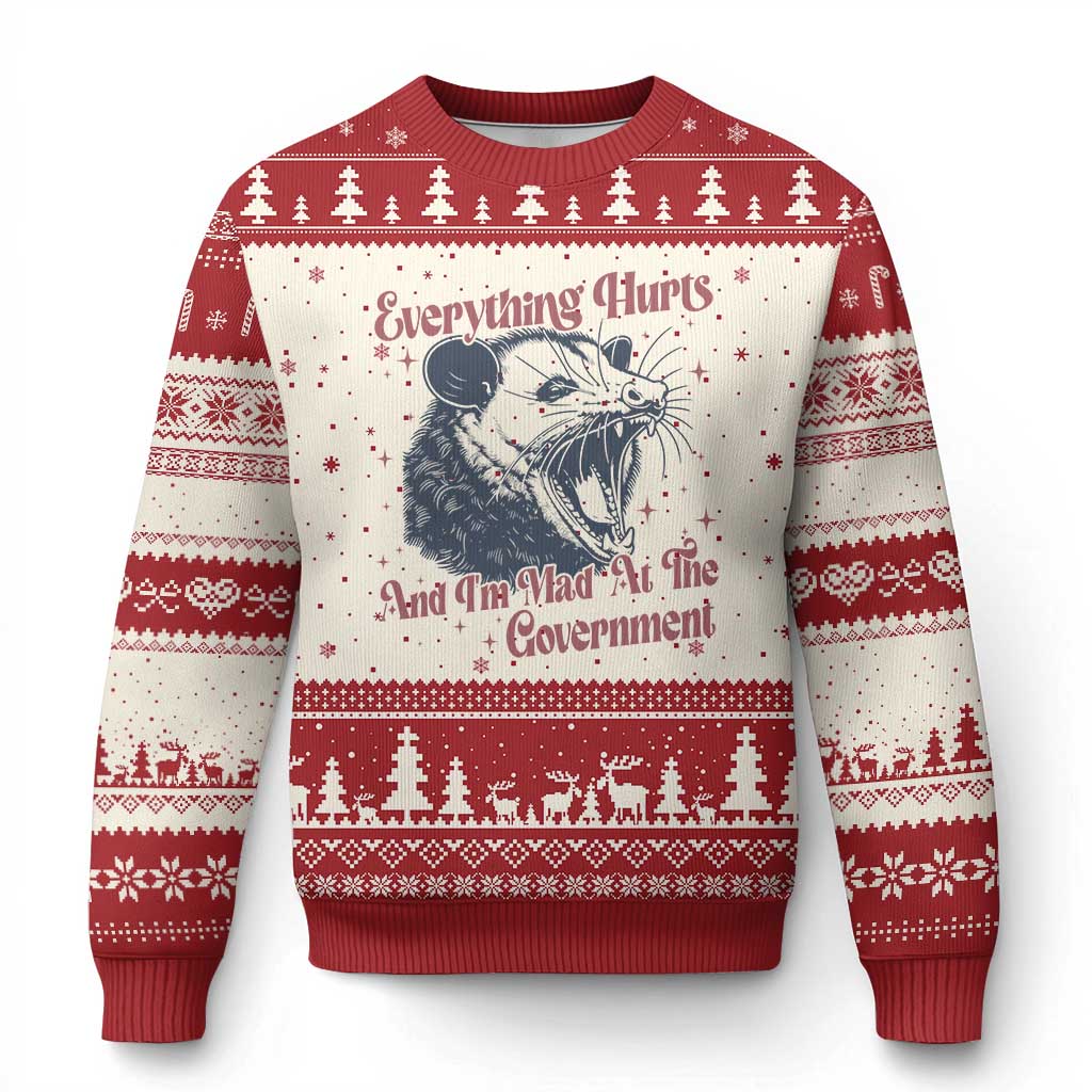 Everything Hurts And I Am Mad At The Government Ugly Christmas Sweater Funny Burnout Possum TS11 Beige Red Print Your Wear