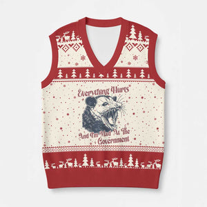 Everything Hurts And I Am Mad At The Government V-Neck Knit Sweater Vest Funny Burnout Possum TS11 Beige Red Print Your Wear