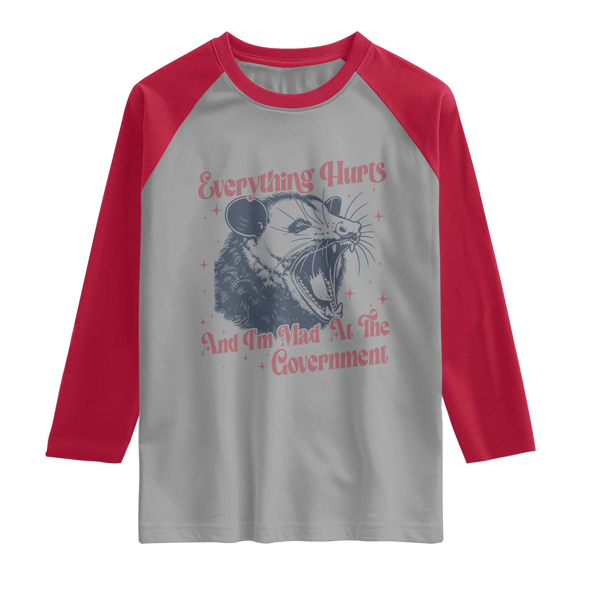 Everything Hurts And I Am Mad At The Government Raglan Shirt Funny Burnout Possum TS11 Sport Gray Red Print Your Wear