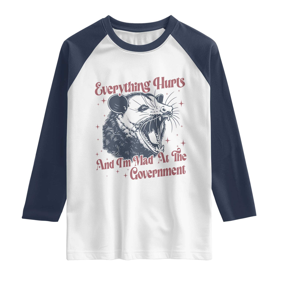 Everything Hurts And I Am Mad At The Government Raglan Shirt Funny Burnout Possum TS11 White Navy Print Your Wear