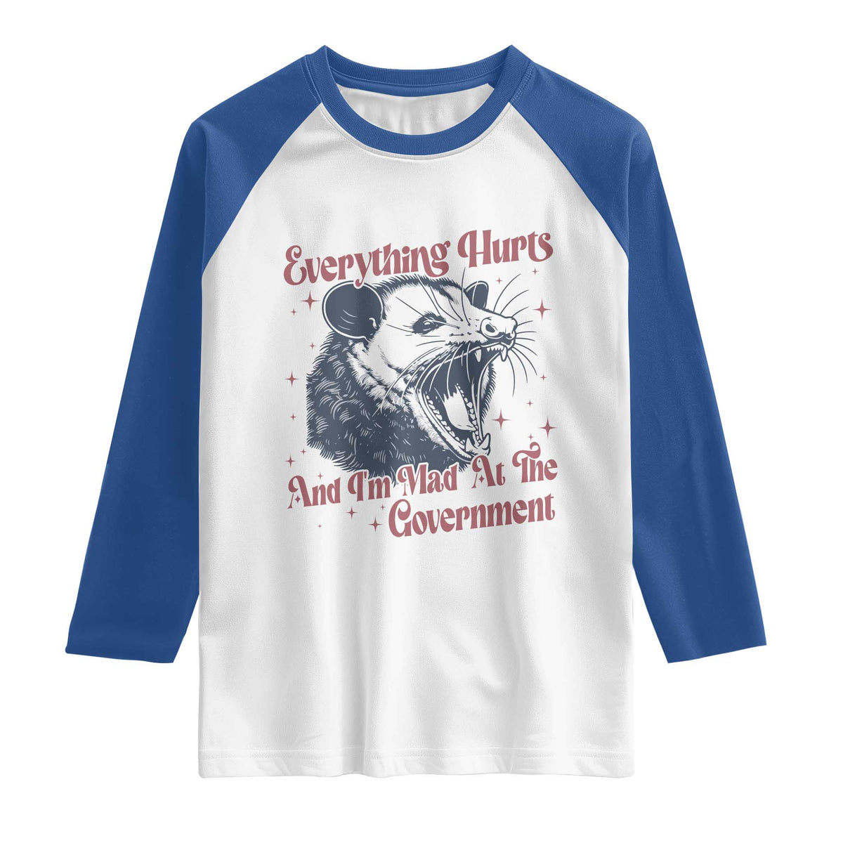 Everything Hurts And I Am Mad At The Government Raglan Shirt Funny Burnout Possum TS11 White Royal Print Your Wear