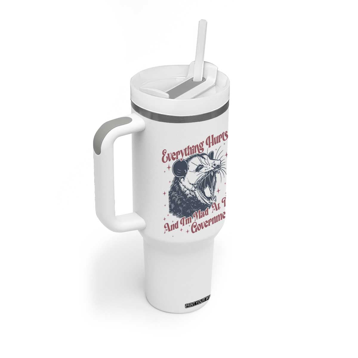 Everything Hurts And I Am Mad At The Government Tumbler With Handle Funny Burnout Possum TS11 Print Your Wear