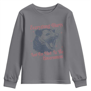 Everything Hurts And I Am Mad At The Government Youth Sweatshirt Funny Burnout Possum TS11 Charcoal Print Your Wear