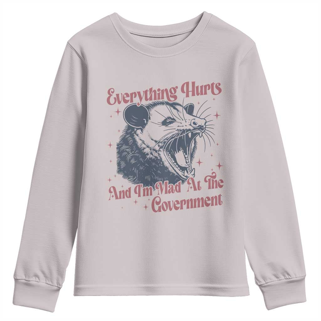 Everything Hurts And I Am Mad At The Government Youth Sweatshirt Funny Burnout Possum TS11 Ice Gray Print Your Wear