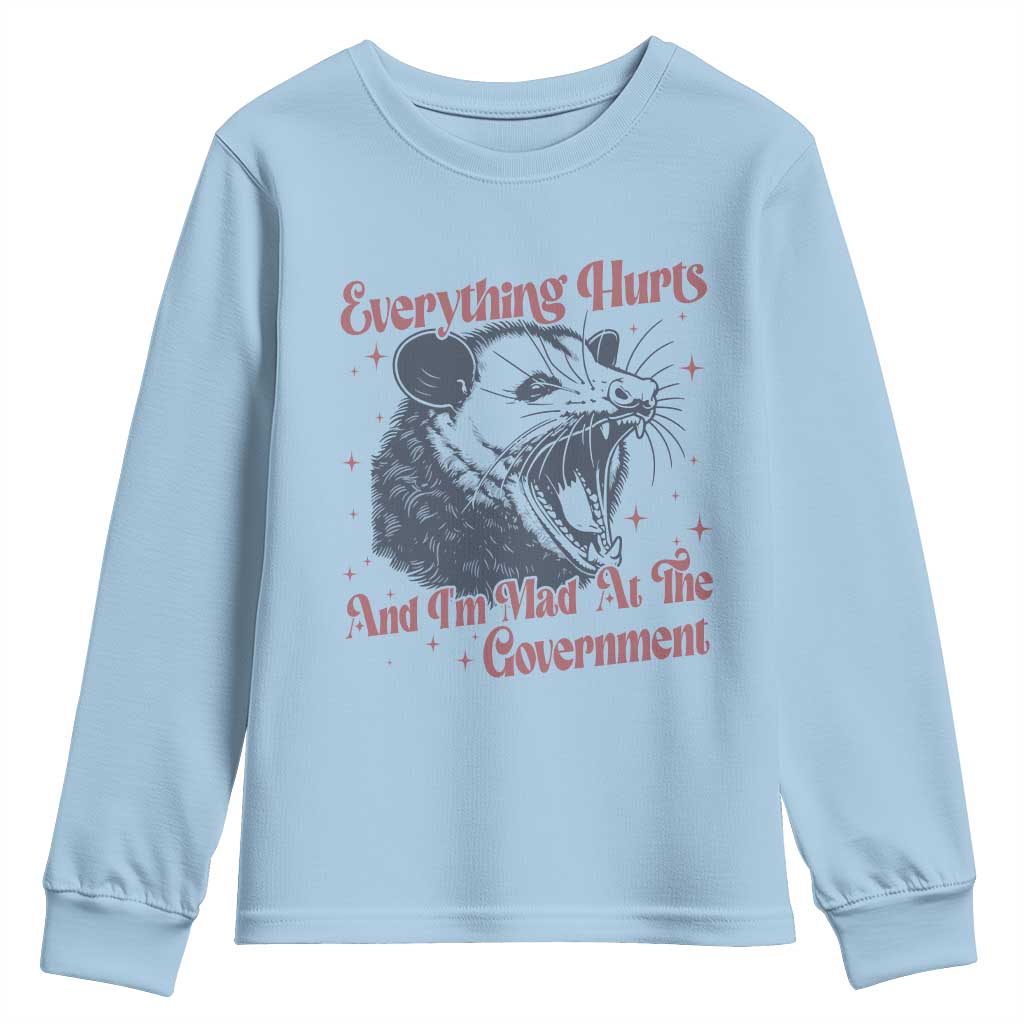 Everything Hurts And I Am Mad At The Government Youth Sweatshirt Funny Burnout Possum TS11 Light Blue Print Your Wear