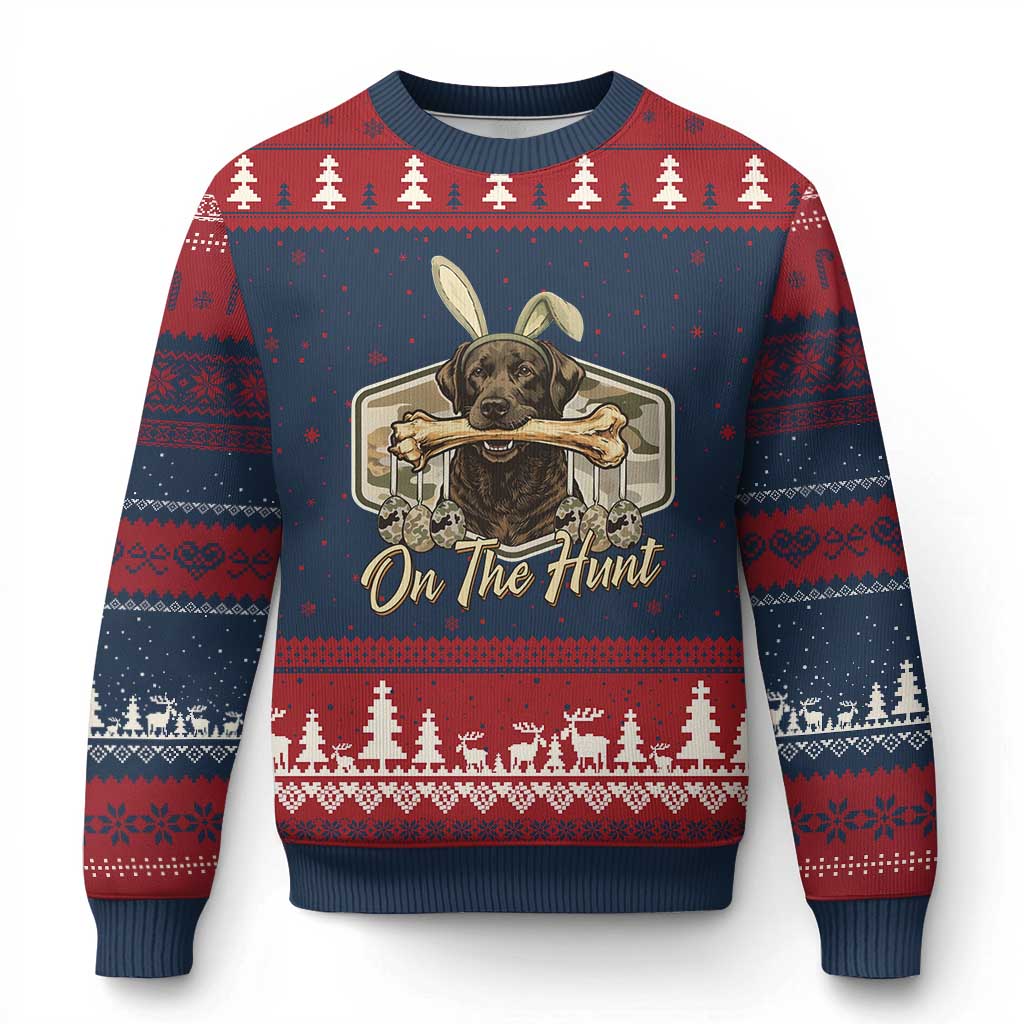Funny Egg Hunter Ugly Christmas Sweater On The Hunt Camo Easter Labrador Dog TS11 Navy Red Print Your Wear