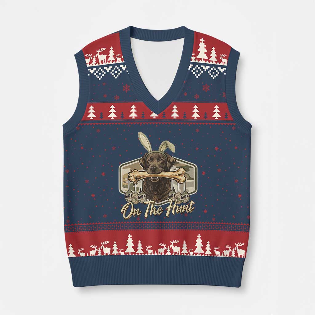 Funny Egg Hunter V-Neck Knit Sweater Vest On The Hunt Camo Easter Labrador Dog TS11 Navy Red Print Your Wear