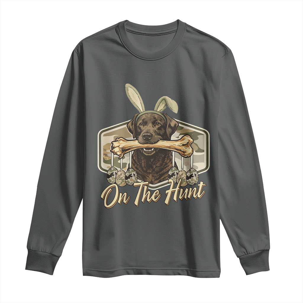 Funny Egg Hunter Long Sleeve Shirt On The Hunt Camo Easter Labrador Dog TS11 Dark Heather Print Your Wear