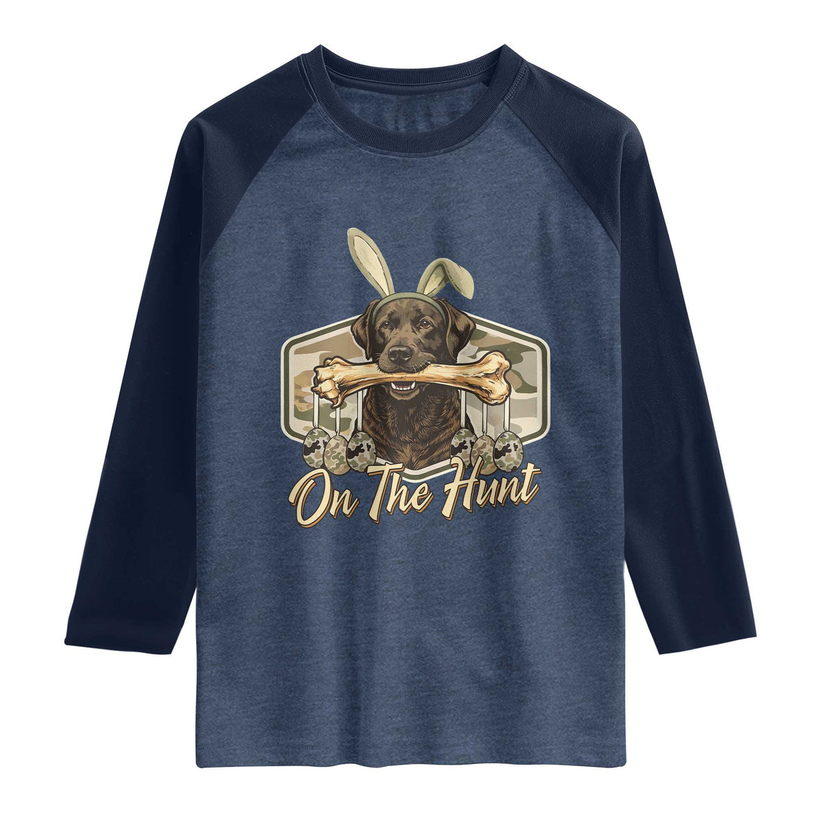 Funny Egg Hunter Raglan Shirt On The Hunt Camo Easter Labrador Dog TS11 Heather Denim Navy Print Your Wear