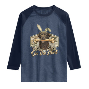 Funny Egg Hunter Raglan Shirt On The Hunt Camo Easter Labrador Dog TS11 Heather Denim Navy Print Your Wear