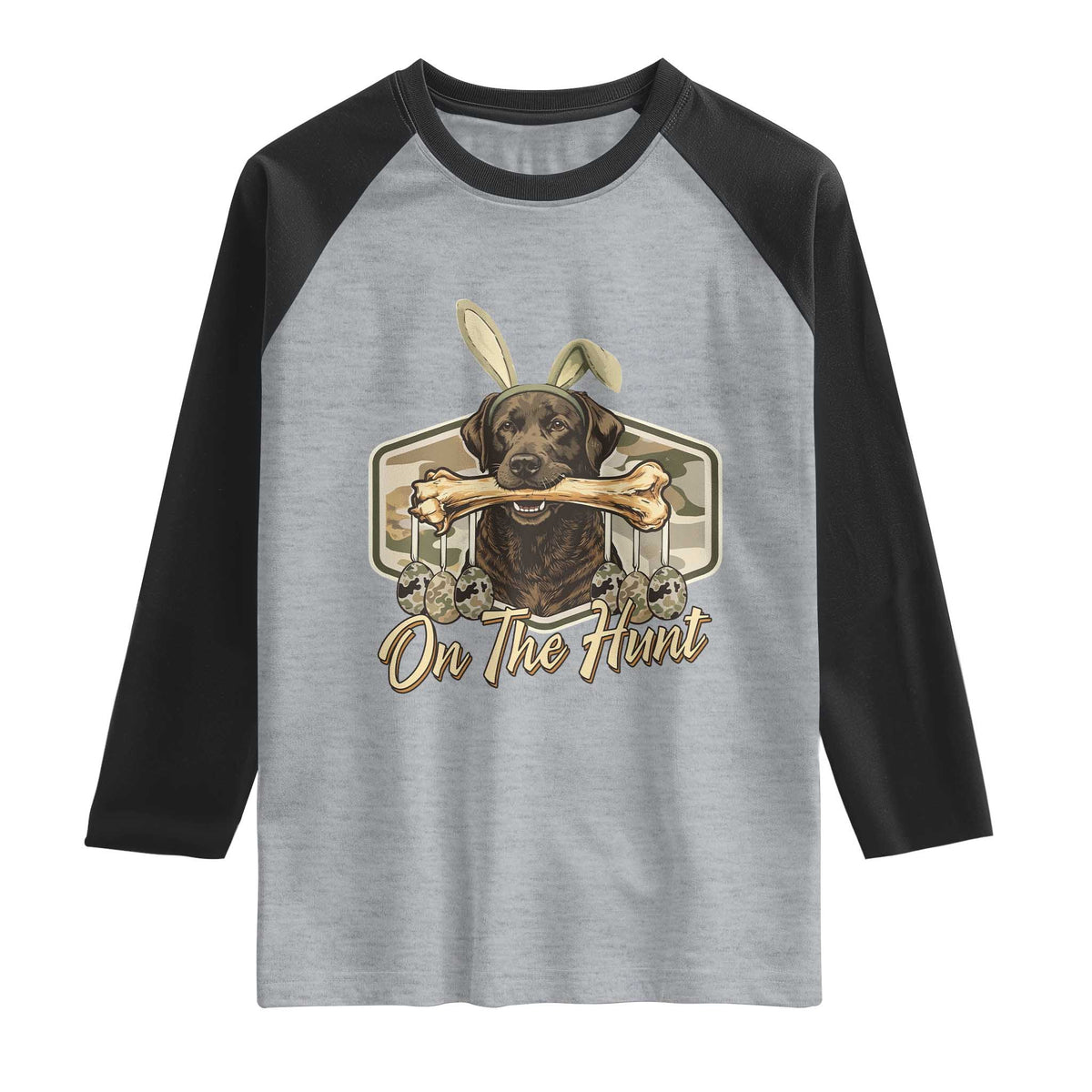 Funny Egg Hunter Raglan Shirt On The Hunt Camo Easter Labrador Dog TS11 Heather Gray Black Print Your Wear