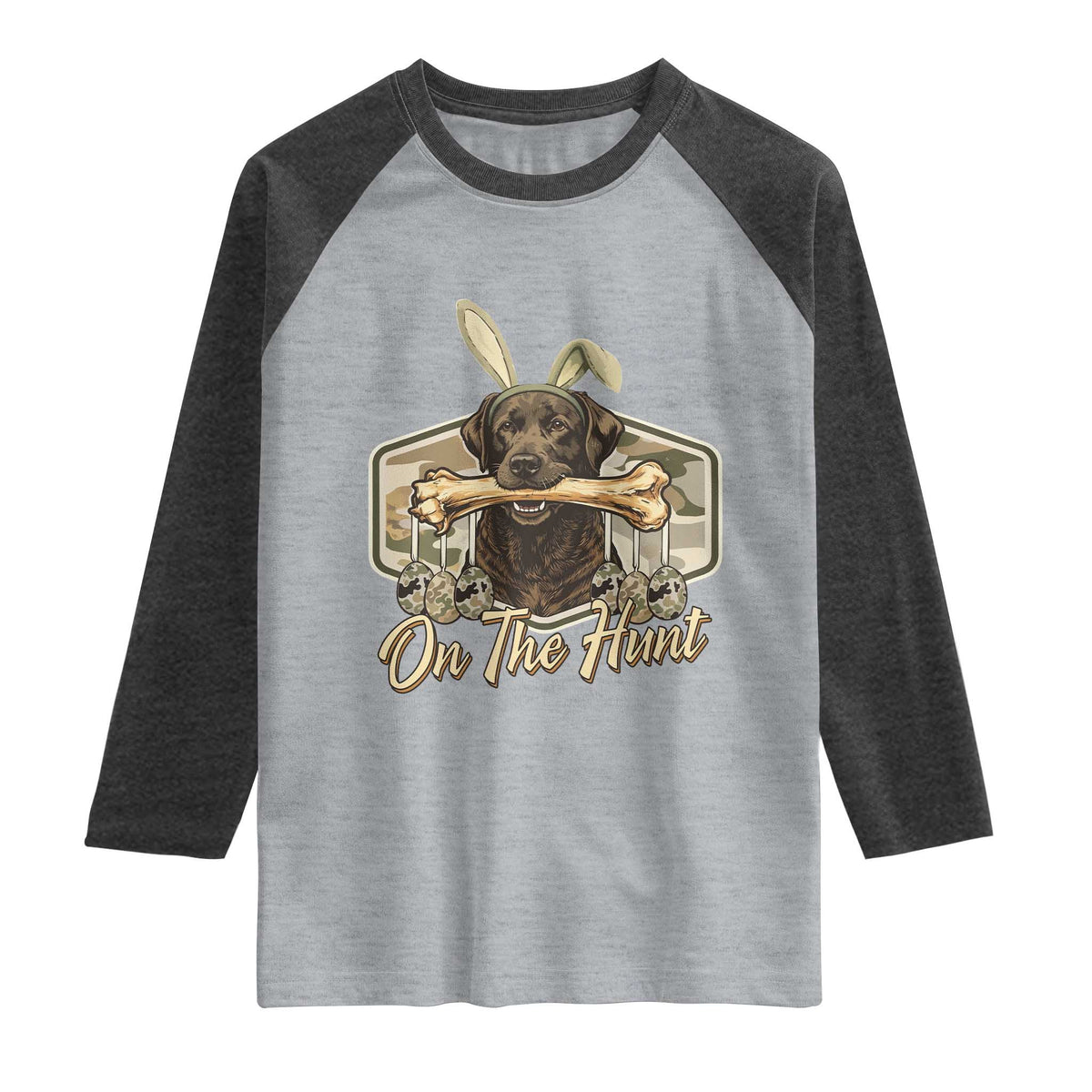 Funny Egg Hunter Raglan Shirt On The Hunt Camo Easter Labrador Dog TS11 Heather Gray Heather Charcoal Print Your Wear