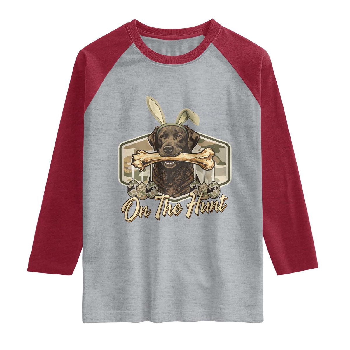 Funny Egg Hunter Raglan Shirt On The Hunt Camo Easter Labrador Dog TS11 Heather Gray Heather Red Print Your Wear