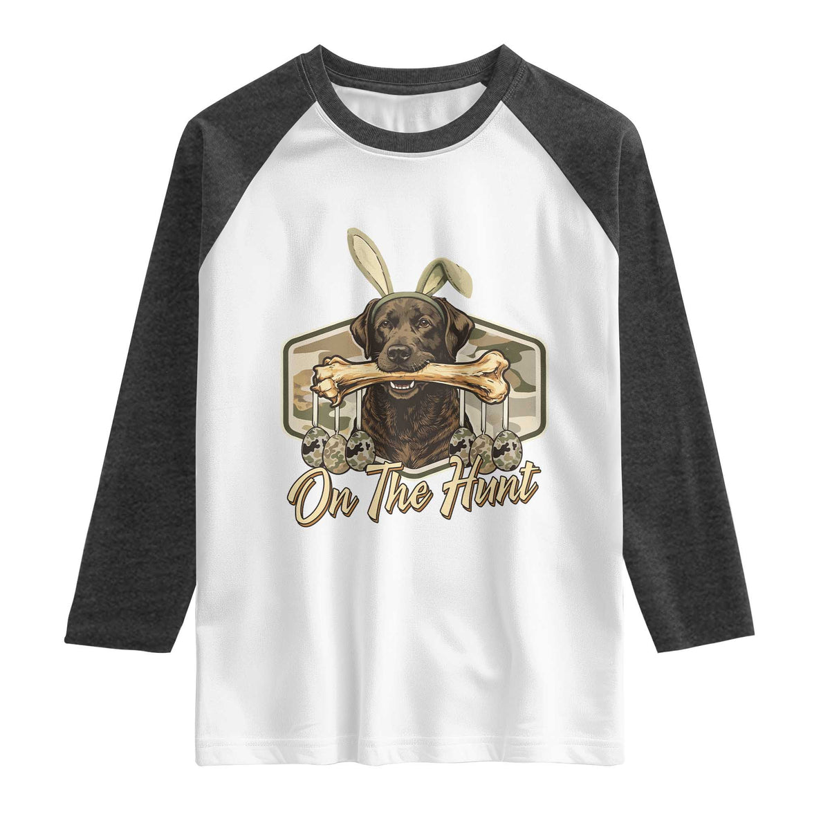Funny Egg Hunter Raglan Shirt On The Hunt Camo Easter Labrador Dog TS11 White Heather Charcoal Print Your Wear
