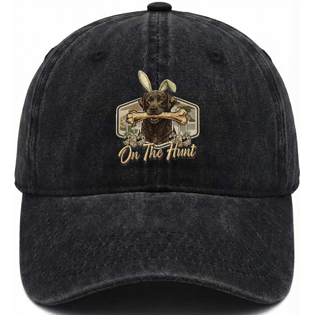 Funny Egg Hunter Washed Cotton Baseball Cap On The Hunt Camo Easter Labrador Dog