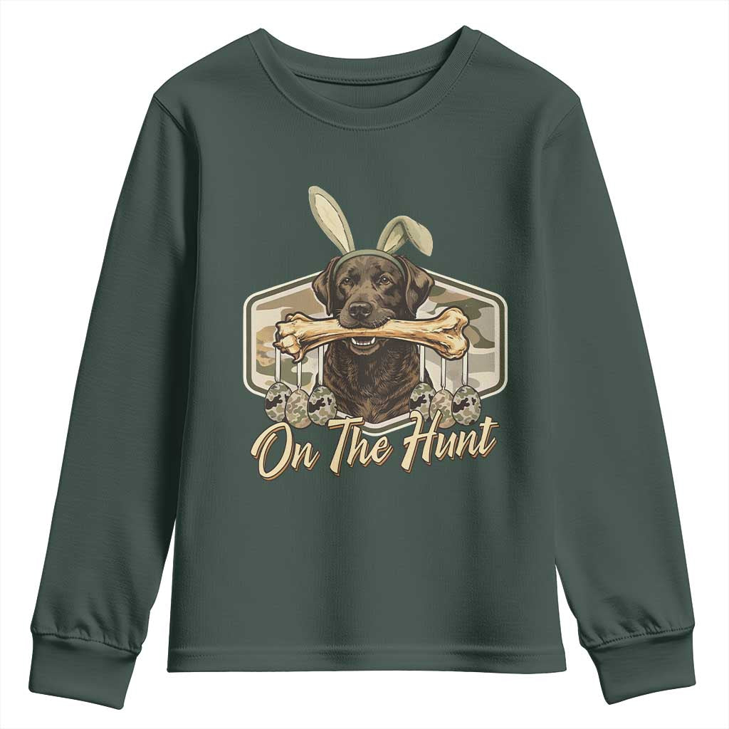 Funny Egg Hunter Youth Sweatshirt On The Hunt Camo Easter Labrador Dog TS11 Dark Forest Green Print Your Wear