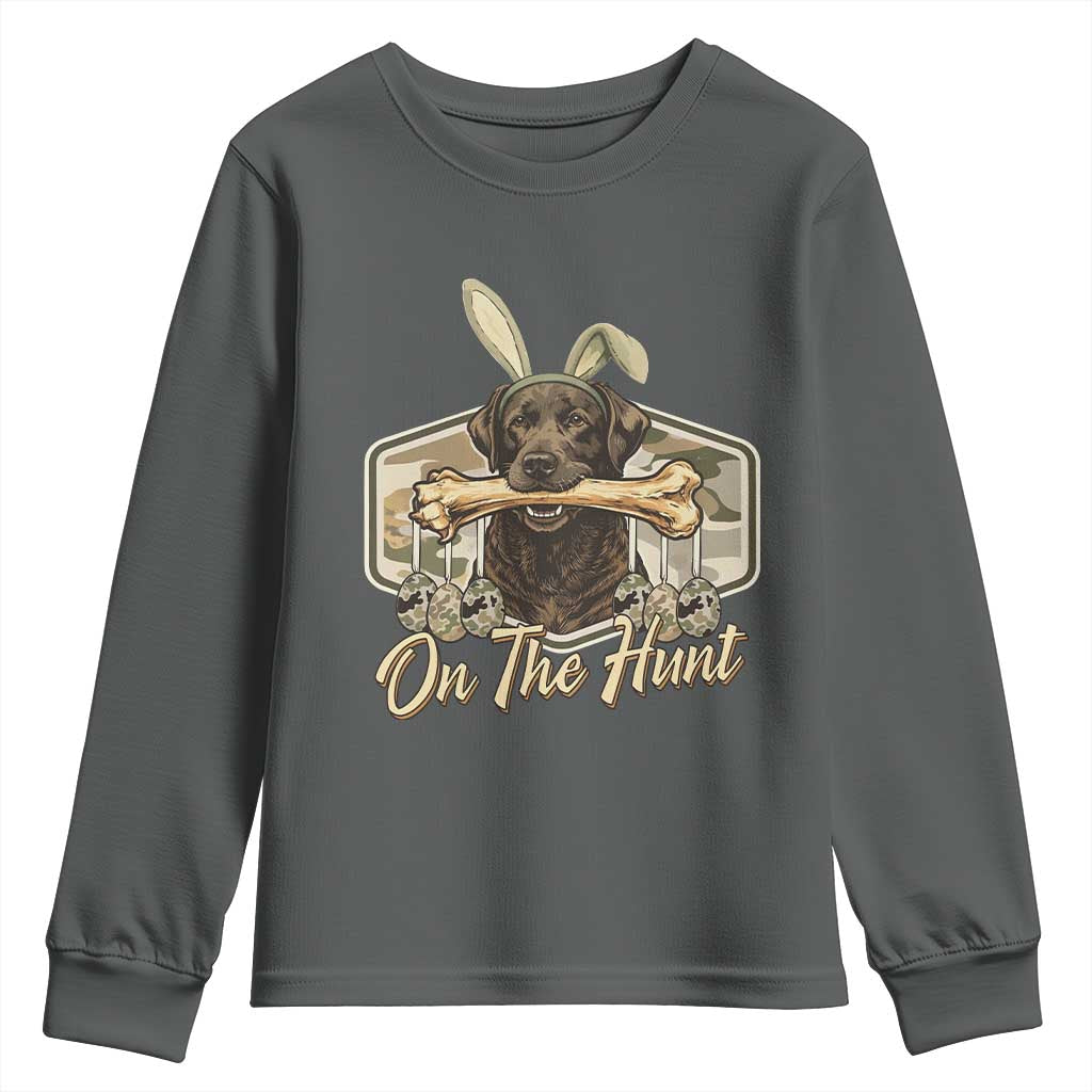 Funny Egg Hunter Youth Sweatshirt On The Hunt Camo Easter Labrador Dog TS11 Dark Heather Print Your Wear