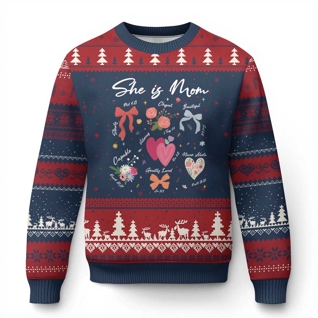 Mama Christian Religious Ugly Christmas Sweater She Is Mom Mother's Day Jesus Flowers Bow TS11 Navy Red Print Your Wear