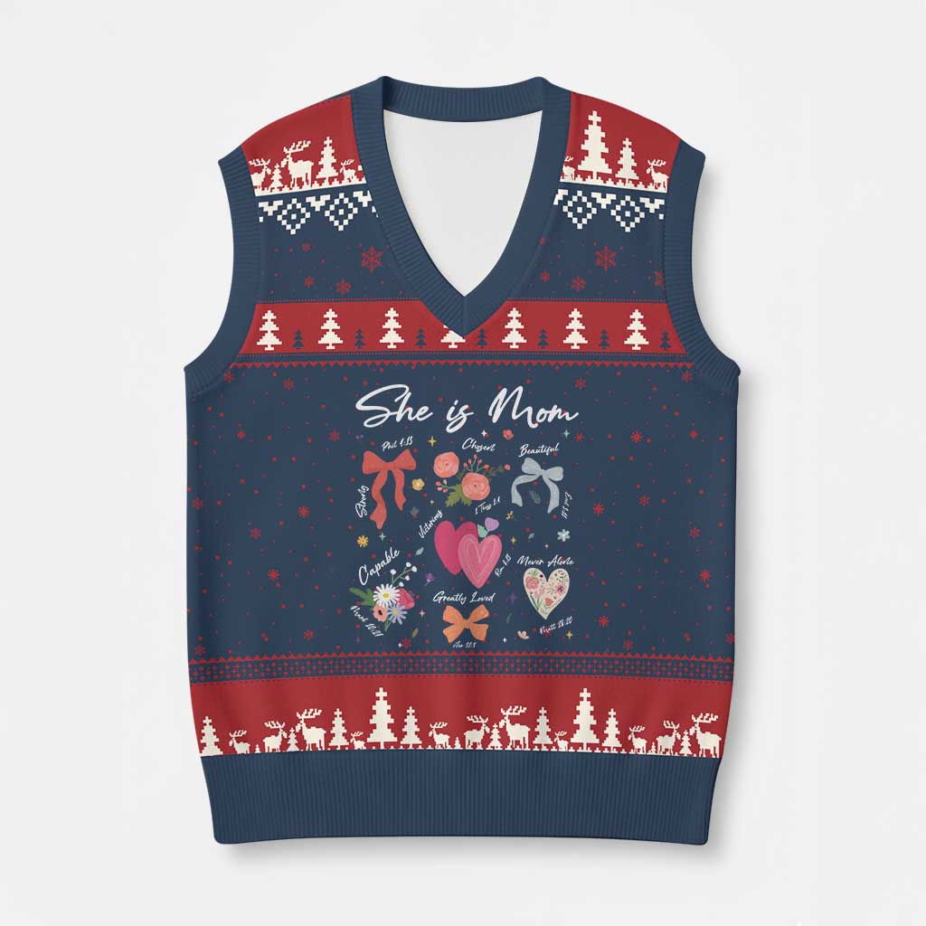 Mama Christian Religious V-Neck Knit Sweater Vest She Is Mom Mother's Day Jesus Flowers Bow TS11 Navy Red Print Your Wear