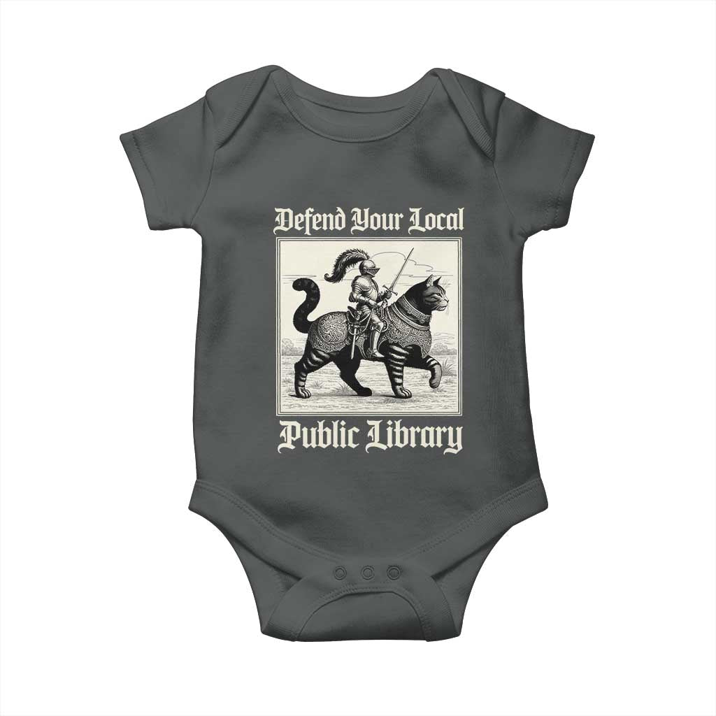 Defend Your Local Public Library Baby Onesie Knight Cat for Fantasy Book Lovers TS11 Dark Heather Print Your Wear