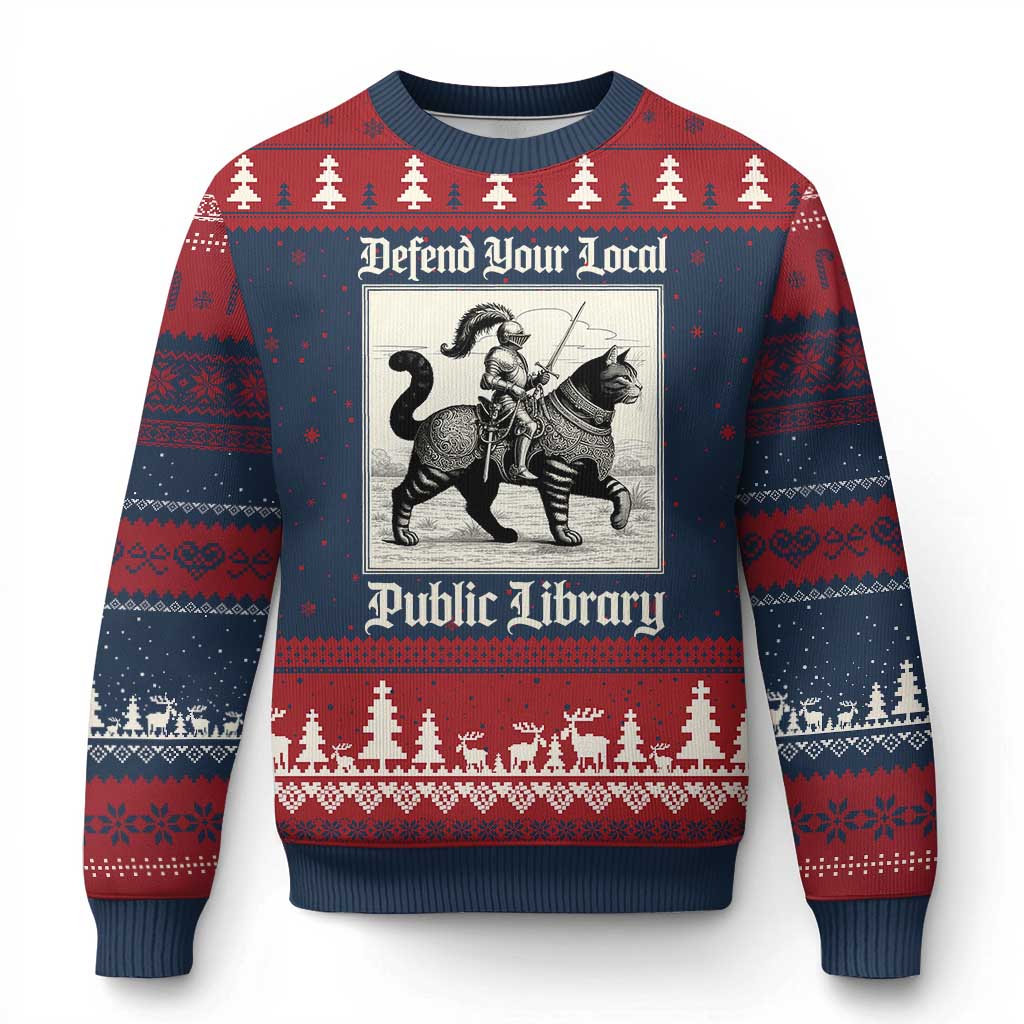 Defend Your Local Public Library Ugly Christmas Sweater Knight Cat for Fantasy Book Lovers TS11 Navy Red Print Your Wear