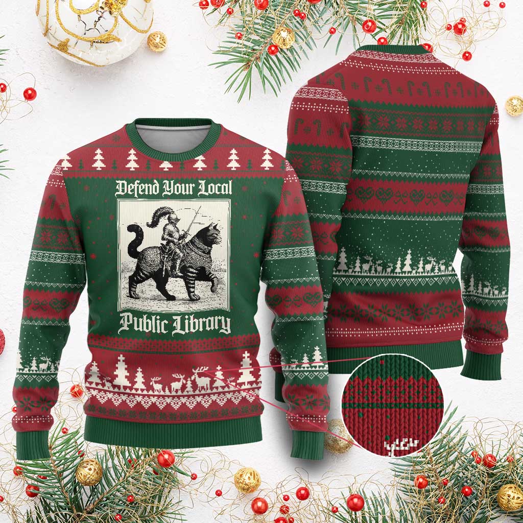 Defend Your Local Public Library Ugly Christmas Sweater Knight Cat for Fantasy Book Lovers TS11 Red Green Print Your Wear