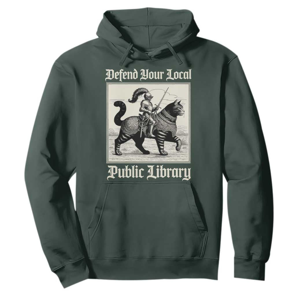 Defend Your Local Public Library Hoodie Knight Cat for Fantasy Book Lovers TS11 Dark Forest Green Print Your Wear