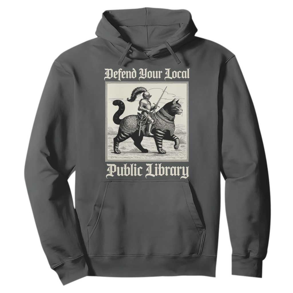 Defend Your Local Public Library Hoodie Knight Cat for Fantasy Book Lovers TS11 Dark Heather Print Your Wear