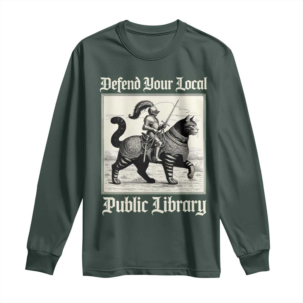 Defend Your Local Public Library Long Sleeve Shirt Knight Cat for Fantasy Book Lovers TS11 Dark Forest Green Print Your Wear