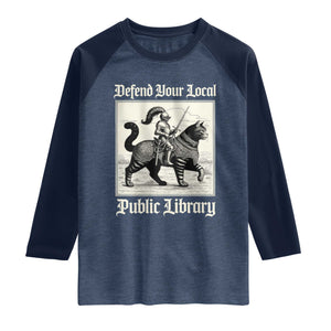 Defend Your Local Public Library Raglan Shirt Knight Cat for Fantasy Book Lovers TS11 Heather Denim Navy Print Your Wear