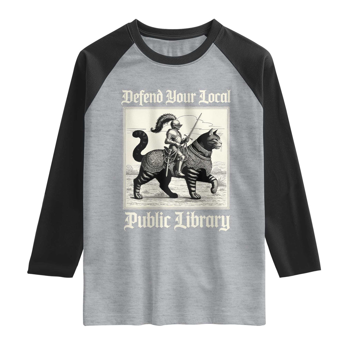 Defend Your Local Public Library Raglan Shirt Knight Cat for Fantasy Book Lovers TS11 Heather Gray Black Print Your Wear