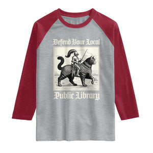 Defend Your Local Public Library Raglan Shirt Knight Cat for Fantasy Book Lovers TS11 Heather Gray Heather Red Print Your Wear