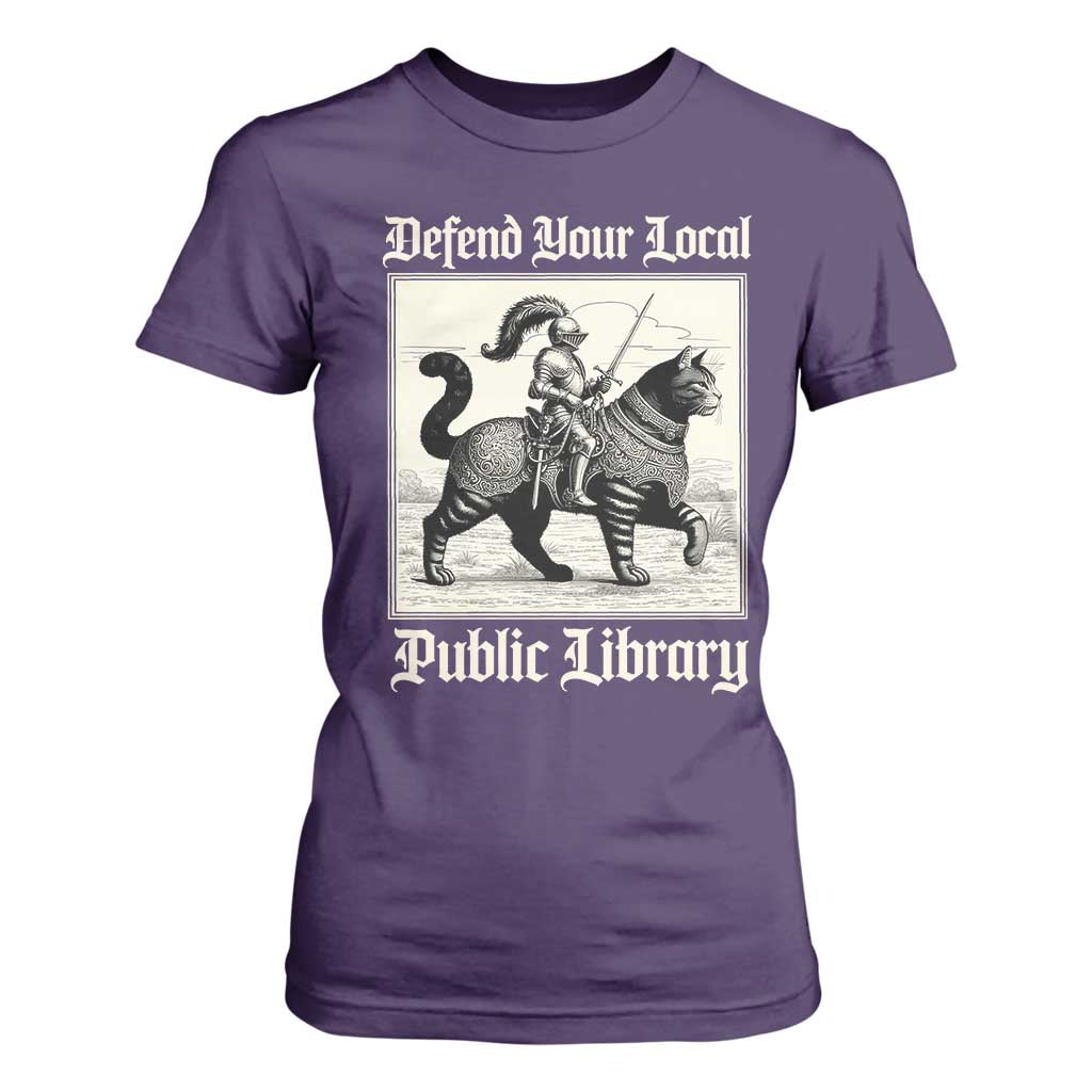 Defend Your Local Public Library T Shirt For Women Knight Cat for Fantasy Book Lovers TS11 Purple Print Your Wear
