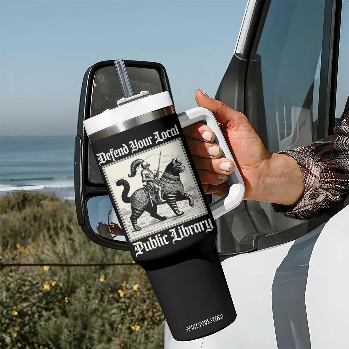 Defend Your Local Public Library Tumbler With Handle Knight Cat for Fantasy Book Lovers TS11 Print Your Wear