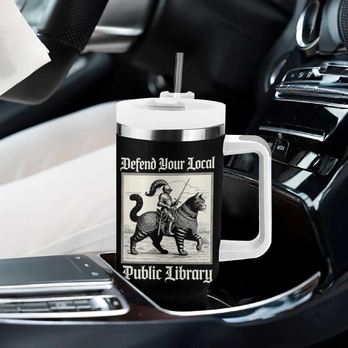 Defend Your Local Public Library Tumbler With Handle Knight Cat for Fantasy Book Lovers TS11 Print Your Wear