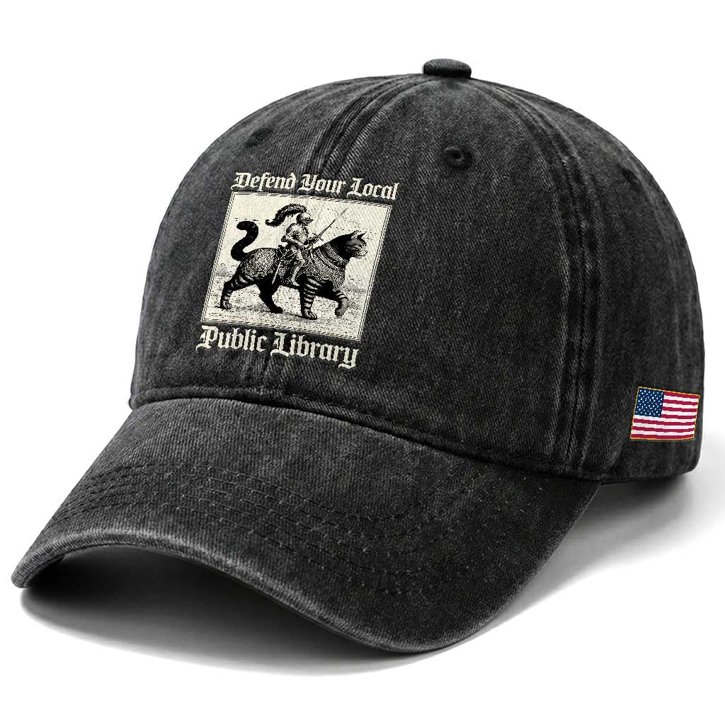 Defend Your Local Public Library Washed Cotton Baseball Cap Knight Cat for Fantasy Book Lovers TS11 Print Your Wear