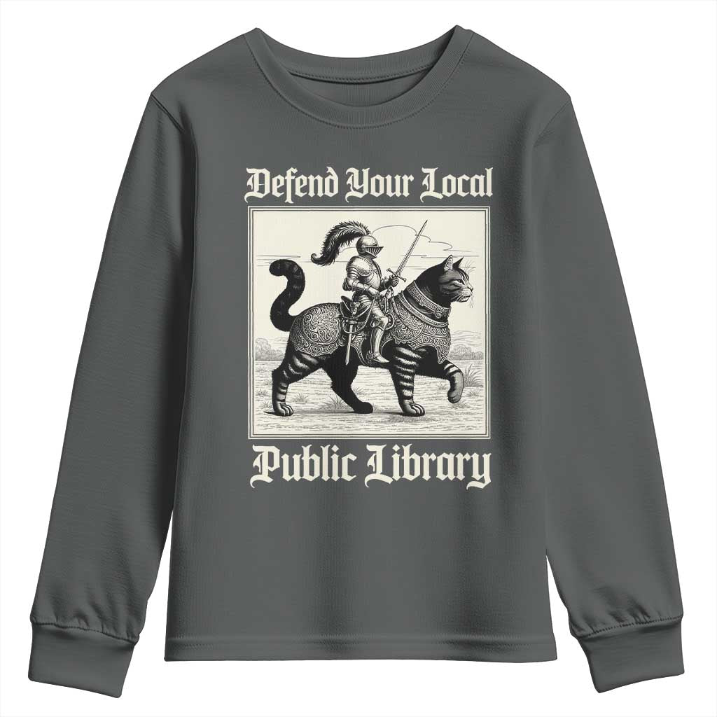 Defend Your Local Public Library Youth Sweatshirt Knight Cat for Fantasy Book Lovers TS11 Dark Heather Print Your Wear