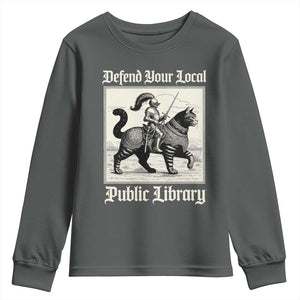 Defend Your Local Public Library Youth Sweatshirt Knight Cat for Fantasy Book Lovers TS11 Dark Heather Print Your Wear