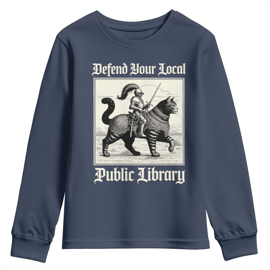 Defend Your Local Public Library Youth Sweatshirt Knight Cat for Fantasy Book Lovers TS11 Navy Print Your Wear