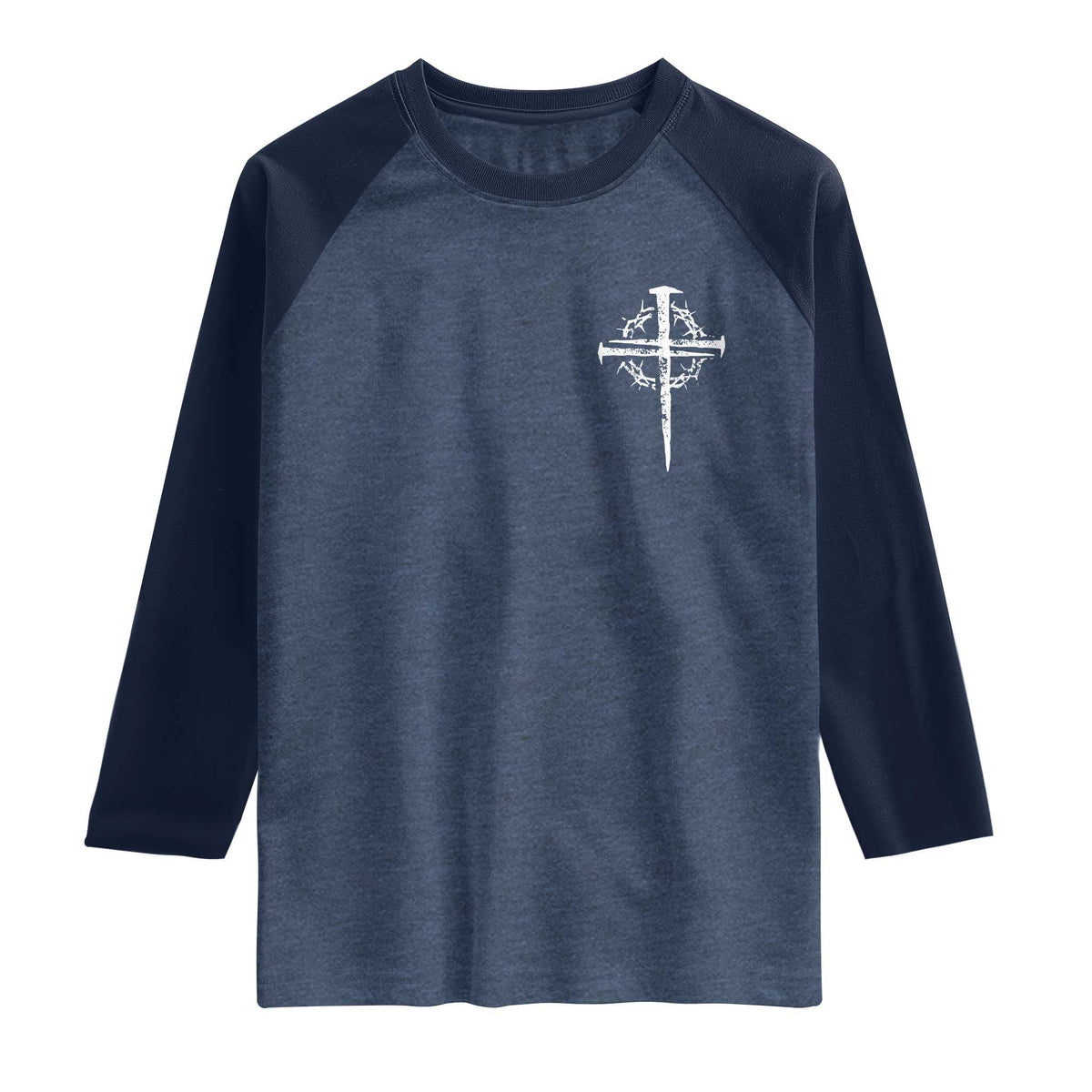 Christian Religious Jesus Shirt with Cross Logo Graphic Raglan Shirt TS11 Heather Denim Navy Print Your Wear