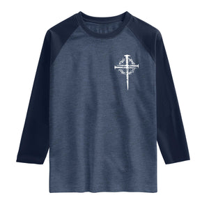 Christian Religious Jesus Shirt with Cross Logo Graphic Raglan Shirt TS11 Heather Denim Navy Print Your Wear