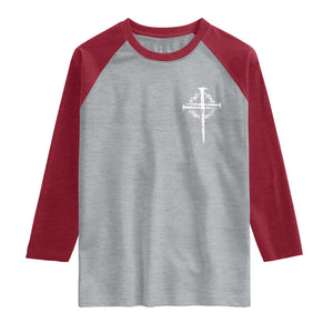 Christian Religious Jesus Shirt with Cross Logo Graphic Raglan Shirt TS11 Heather Gray Heather Red Print Your Wear