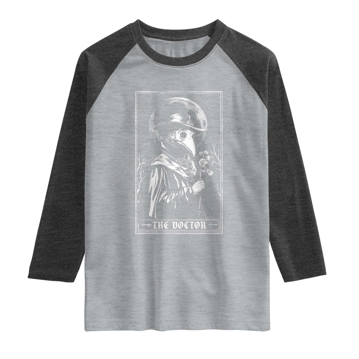 Plague Doctor Tarot Card Raglan Shirt Horror Death Occult Satanic TS11 Heather Gray Heather Charcoal Print Your Wear