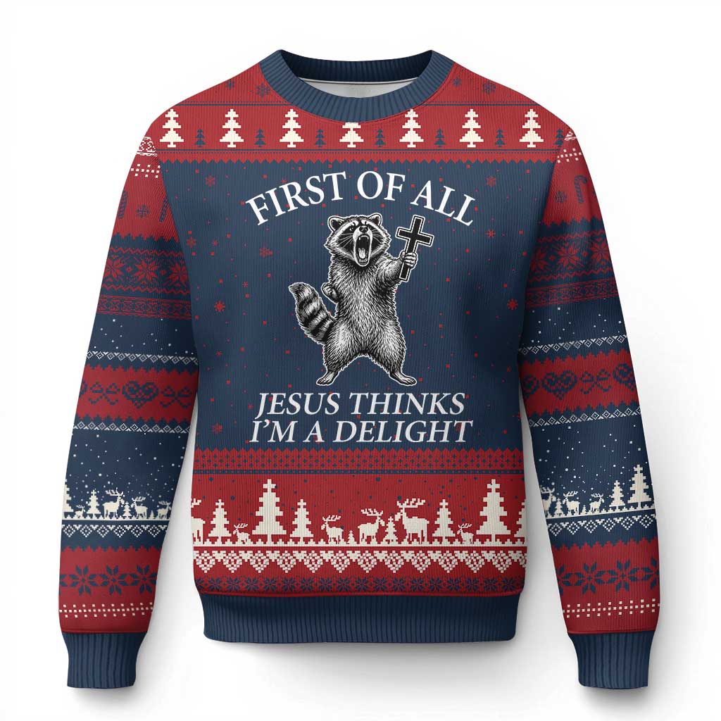 First of All Jesus Thinks I Am A Delight Ugly Christmas Sweater Funny Raccoon TS11 Navy Red Print Your Wear