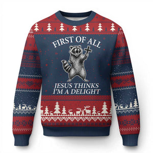 First of All Jesus Thinks I Am A Delight Ugly Christmas Sweater Funny Raccoon TS11 Navy Red Print Your Wear