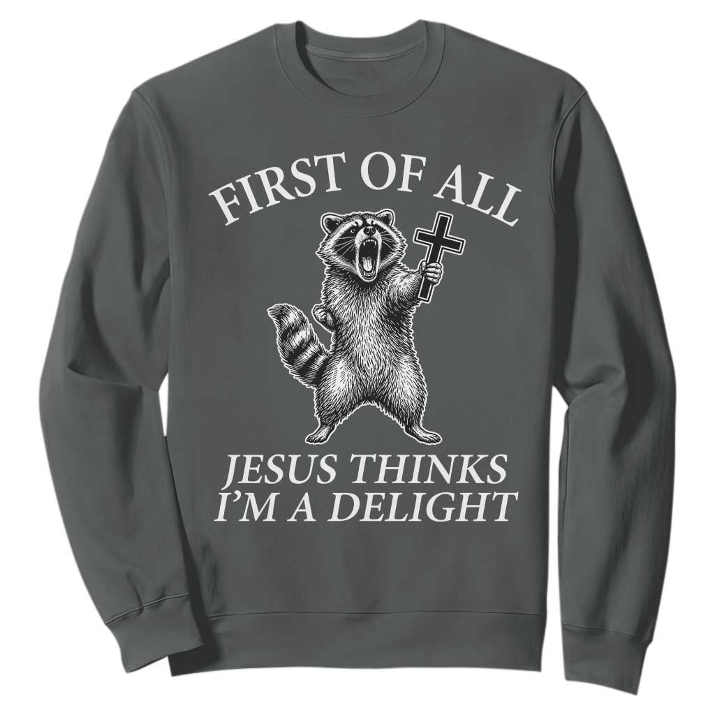 First of All Jesus Thinks I Am A Delight Sweatshirt Funny Raccoon TS11 Dark Heather Print Your Wear