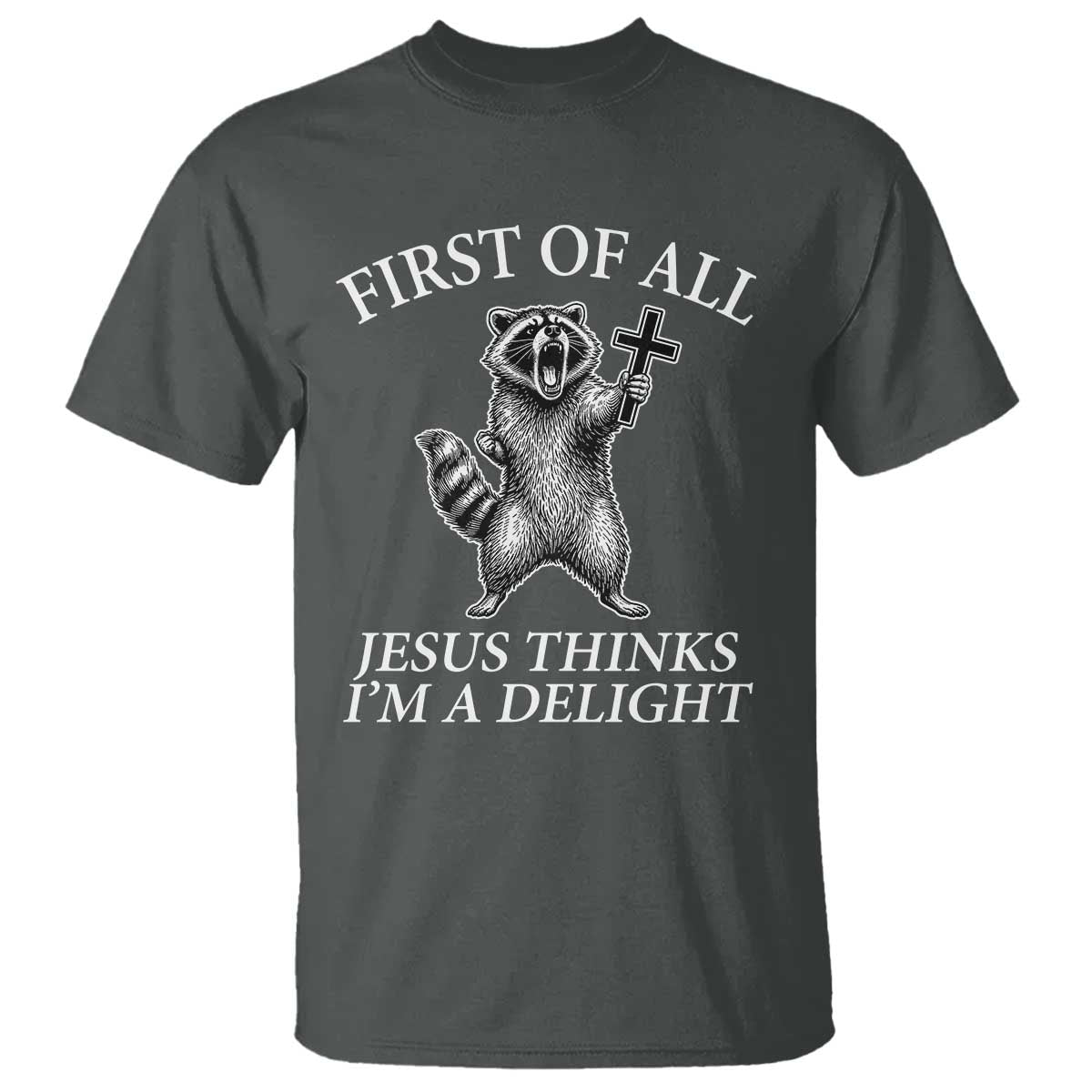 First of All Jesus Thinks I Am A Delight T Shirt Funny Raccoon TS11 Dark Heather Print Your Wear