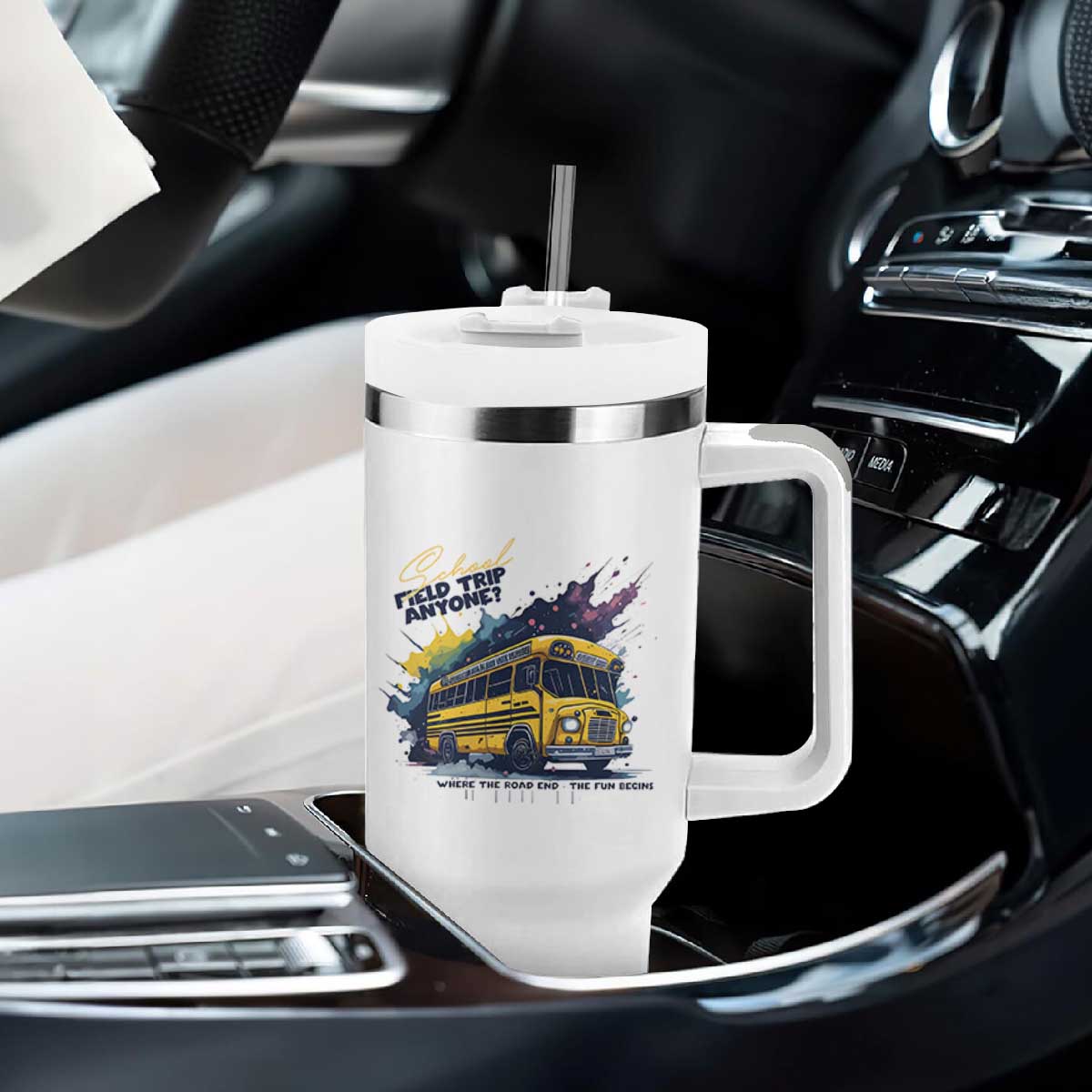School Field Trip Anyone Tumbler With Handle School Bus Teacher TS11 Print Your Wear