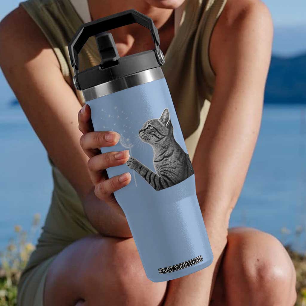 Cat Blowing Dandelion Flip Straw Tumbler Kitten Making A Wish Nature Art TS11 One Size: 30 oz Light Blue Print Your Wear
